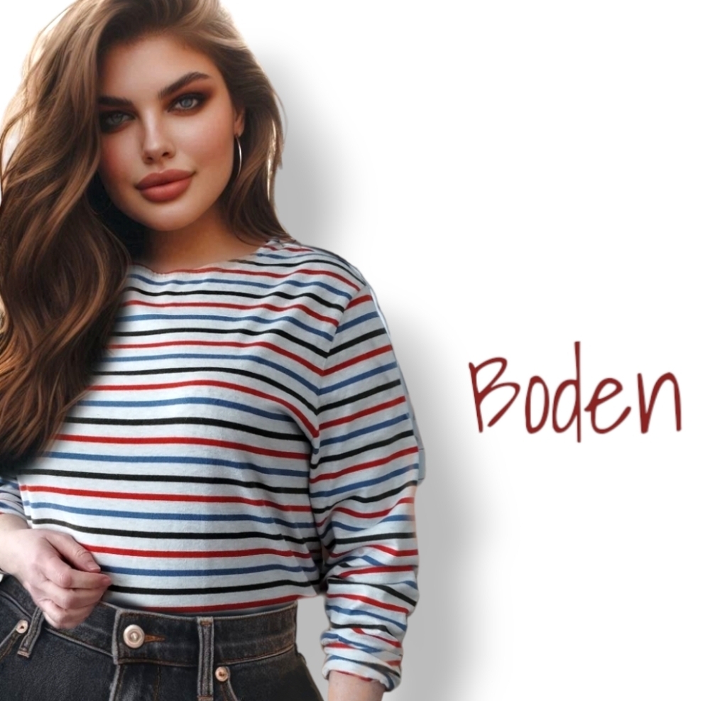 Boden Women's Striped Long-Sleeve Tee in White, Navy & Red